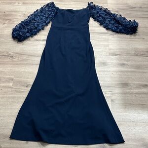 Eliza J Navy Dress with Textured Sleeves
